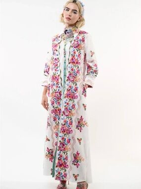 Aratta White Maxi Dress with Multicolor Floral Embroidery